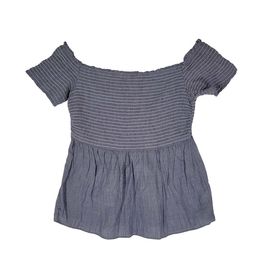 Old Navy Smocked Peplum Top Women Medium Blue Off Shoulder Short Sleeve Striped